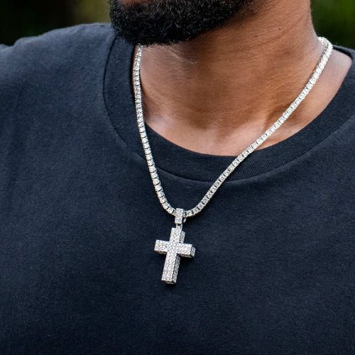 Iced Thick Cross Pendant  with Tennis Chain Set in White Gold