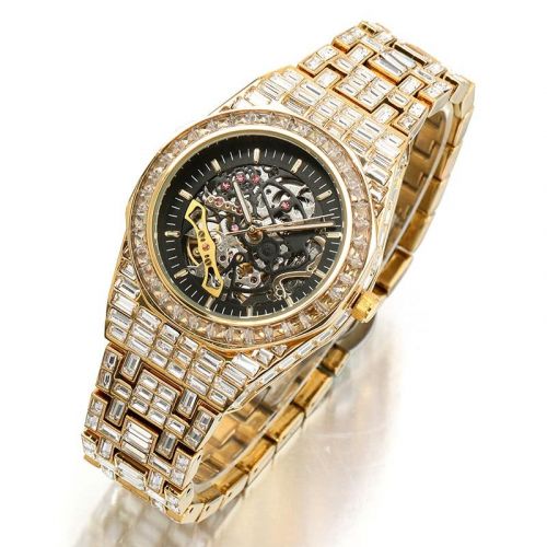 Iced Men's Mechanical Watch with Baguette Stones in Gold