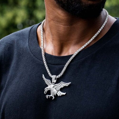 Iced Flying Eagle Pendant with 4mm Tennis Set in White Gold