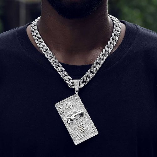 Iced Dollar Pendant with 13mm Cuban Chain Set in White Gold