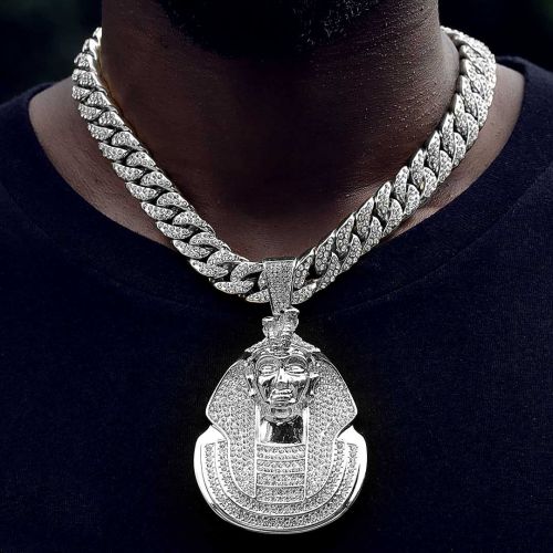 Iced Pharaoh Pendant with 13mm Cuban Chain Set in White Gold