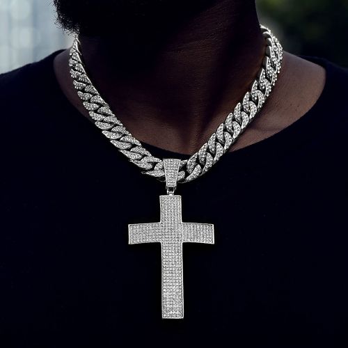 Micro Pave Large Cross Pendant with 13mm Cuban Chain Set in White Gold