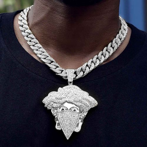 Iced Mask Snake Hair Banshee Pendant with 13mm Cuban Chain Set  in White Gold