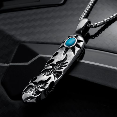 Feather with Turquoise Stainless Steel Pendant