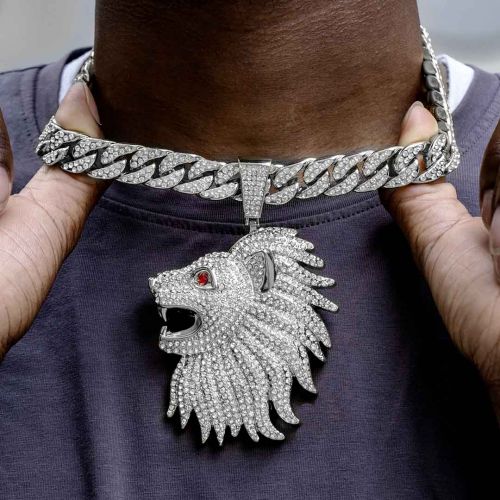 Iced Large Roaring Lion Head Pendant with Iced Cuban Chain in White Gold
