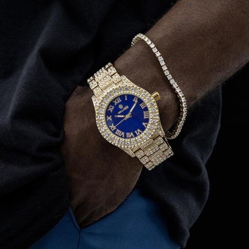 Iced Roman Numerals Blue Dial Men's Watch in Gold