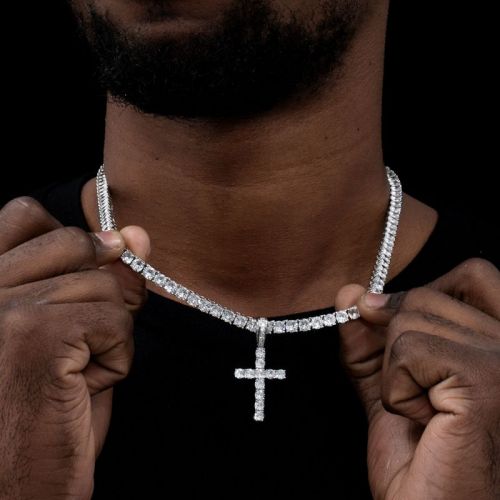 Cross Pendant with 5mm Tennis Chain Set in White Gold