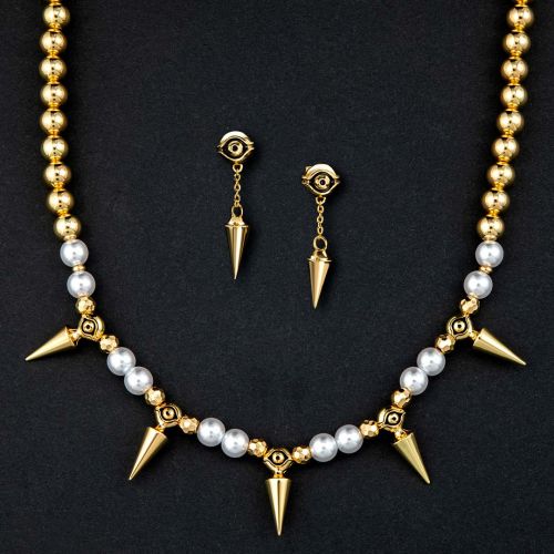 Eye of Ra Cron Drop Earrings and Pearl Necklace Set