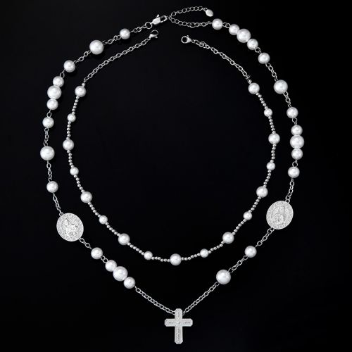 Layered Virgin Mary and Jesus Cross Pearl Necklace