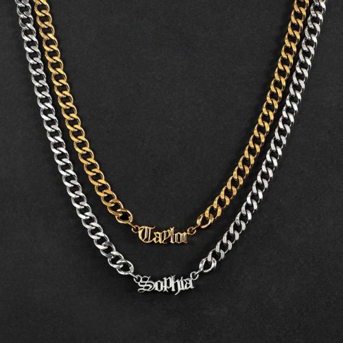 Custom Old English Name Necklace with 8mm Stainless Steel Cuban Chain