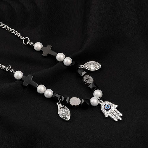 Fatima with St. Benedict Medal Cross Pearl Necklace
