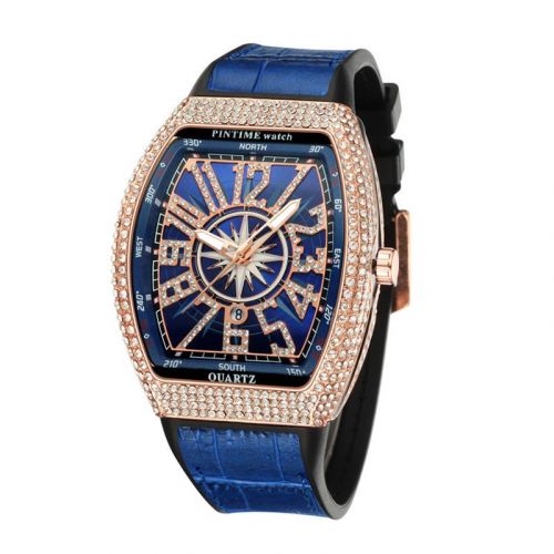Men's Iced Arabic Numerals Watch with Blue Strap