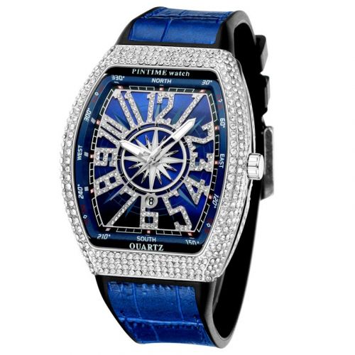Men's Iced Arabic Numerals Watch with Blue Strap