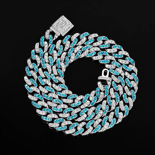 Iced 11mm Blue & White Stones Cuban Chain in White Gold