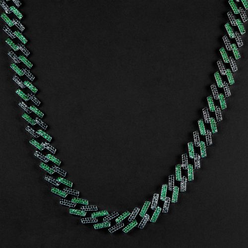 Iced 14mm Emerald & Black Prong Cuban Chain in Black Gold