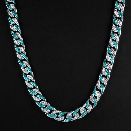 Iced 13mm White & Blue Cuban Chain in White Gold