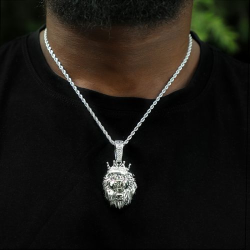King Crown Lion Pendant in White Gold