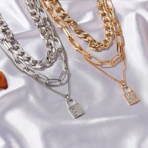 Multilayer Padlock Pendant Chunky Cuban Chain Necklace
