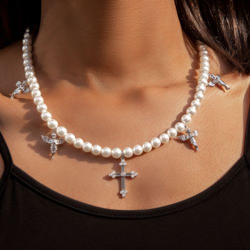 Women's Cross and Praying Angel Charm Pearl Necklace