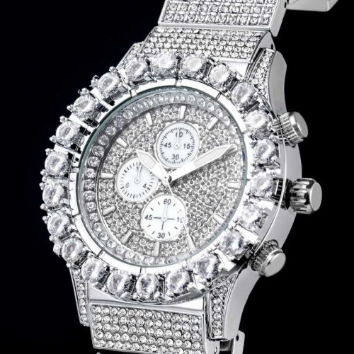 Iced Round Cut Luminous Men's Watch and 12mm Cuban Bracelet Set in White Gold