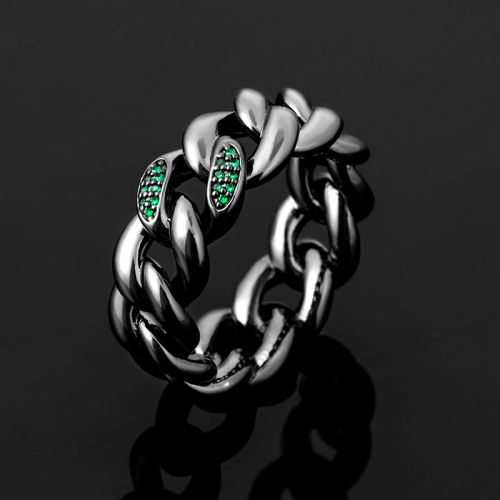 8mm Emerald Stones Cuban Band Ring in Black Gold