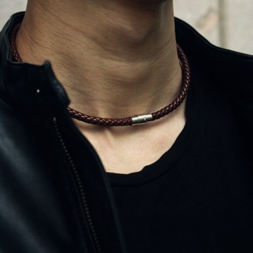 4mm/6mm/7mm Men's Brown Braided Rope Leather Necklace Choker with Magnetic Clasp