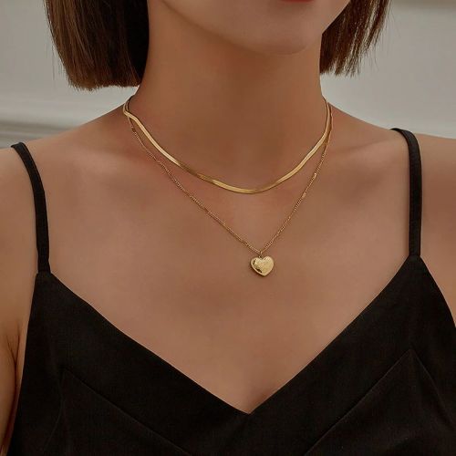 Double Layer Snake Chain Choker Heart Pendant Necklace
