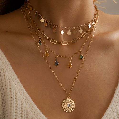 Coin & Colorful Crystal Pendant Layered Necklace