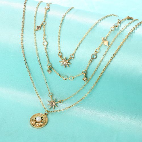 Pearl Crystal Coin Star Pendant Layered Necklace