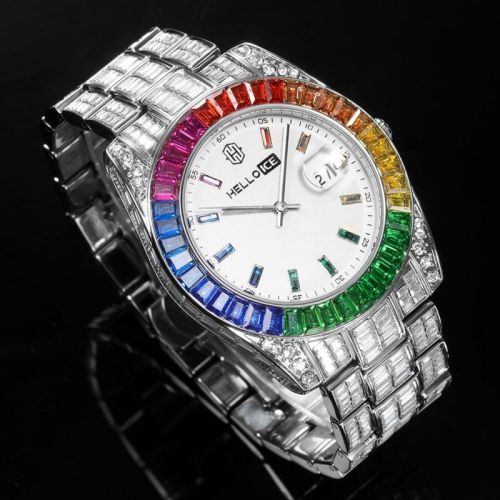 Rainbow Baguette Cut Watch and 5mm Tennis Bracelet Set in White Gold
