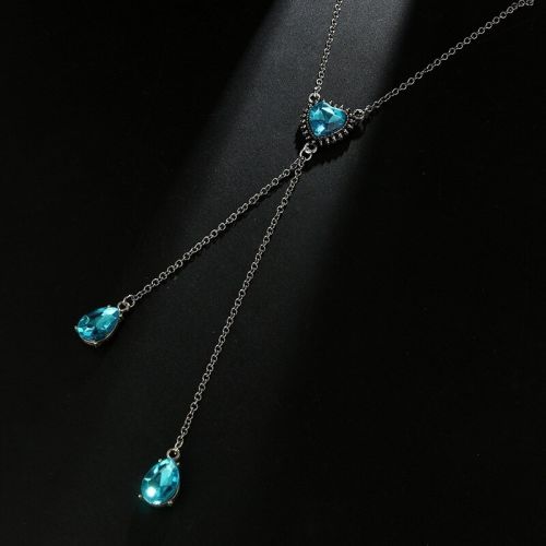 Blue Crystal Heart Waterdrop Tassel Pendant Necklace