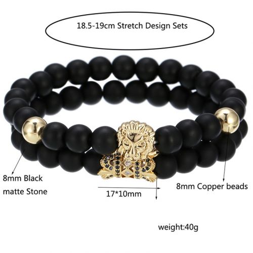 2pcs Iced Lion Black Matte Agate Beaded Elastic Bracelets
