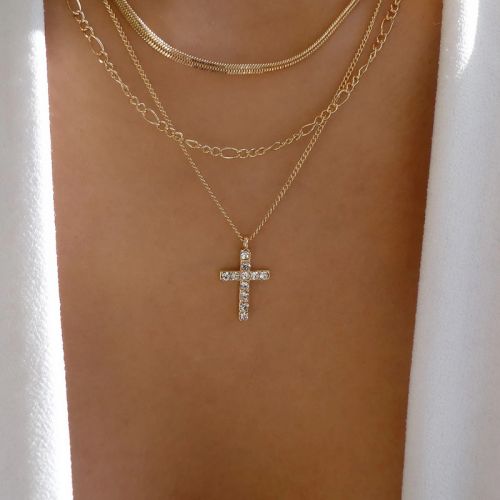Crystal Cross Pendant Snake Chain Figaro Chain Layered Necklace