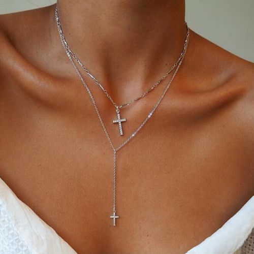 Double Layer Crystal Cross Necklace