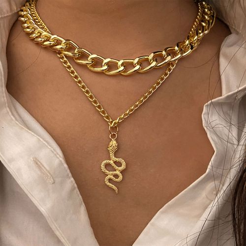 Snake Pendant Chunky Chain Layered Necklace