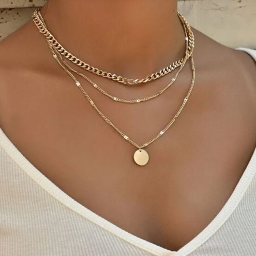 Round Pendant Sunburst Cuban Chain Layered Necklace