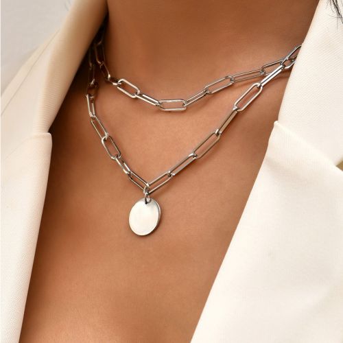 Round Charm Rectangle Link Chain Layered Necklace