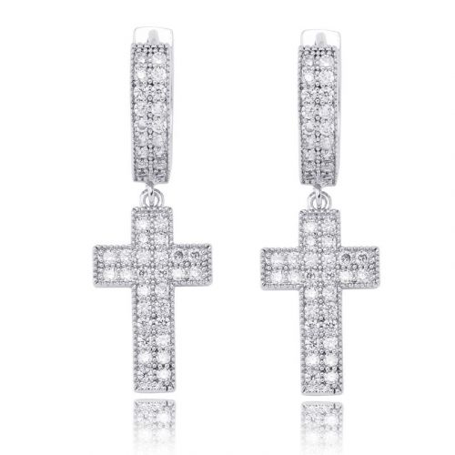 Half Pearl and Half Rope Chain and Cross Earrings in White  Gold