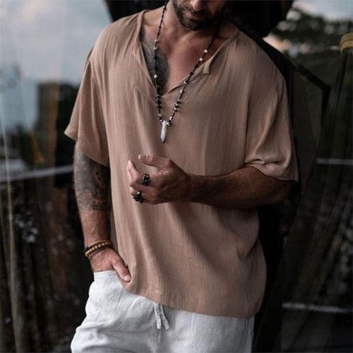 Men's V-Neck Shirt Casual Loose Solid Color Collar Mid-Sleeve T-Shirt