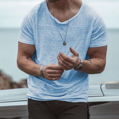 Summer thin men's T-shirt solid color loose round neck bottoming shirt