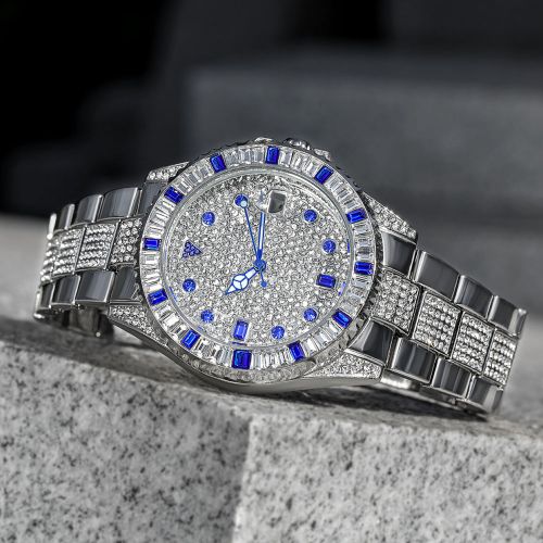 Iced Blue Stones Rotatable Bezel Watch in White Gold
