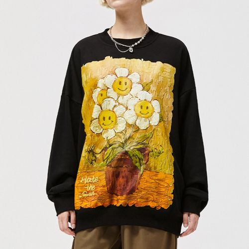 Oil painting sunflower crew neck sweater