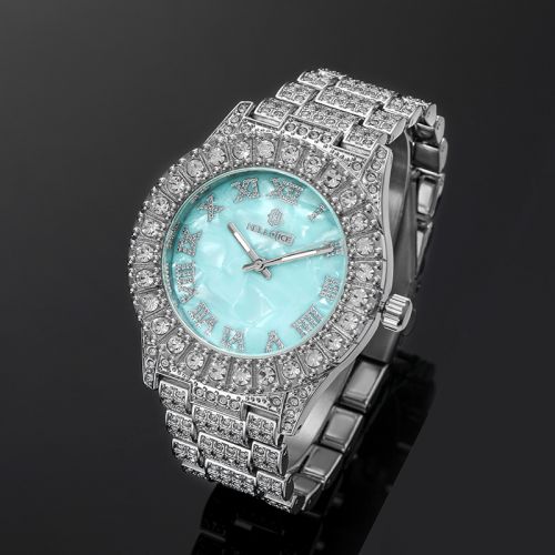 Iced Roman Numerals Pool Blue Dial Men's Watch in White Gold
