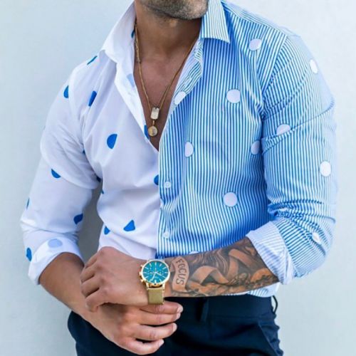 Men's Loose Casual Printed Polka Dot Striped Long Sleeve Shirt