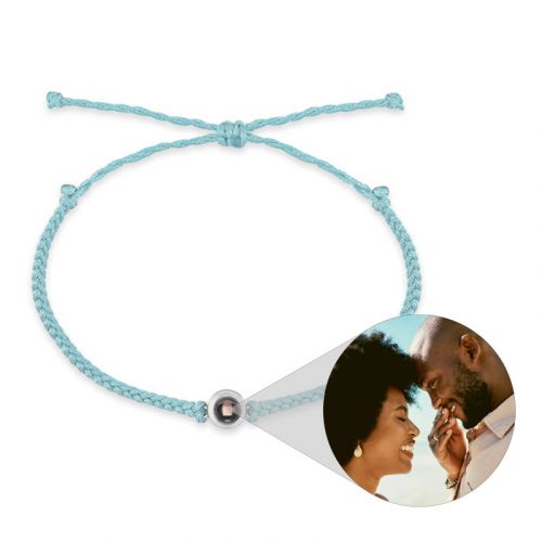 Personalized Circle Projection Photo Bracelet White Gold with Blue Rope