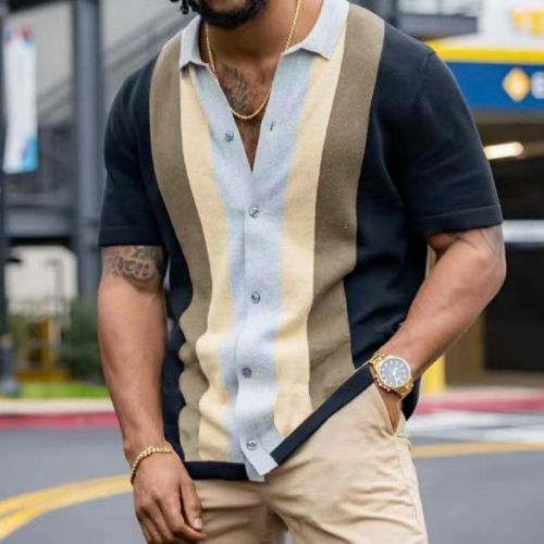 Striped Contrast Knit Cardigan Short Sleeve Casual Polo Shirt