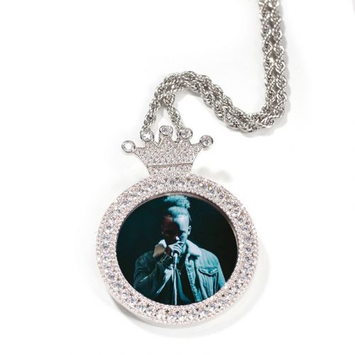 Iced Custom Crown Photo Pendant in White Gold