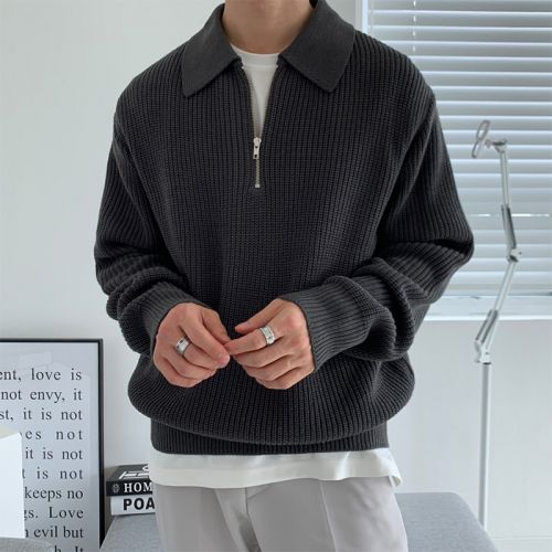 Lapel Casual Knit Zipper Solid Color Sweater