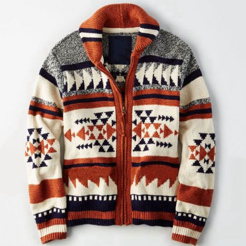 Long Sleeve Lapel Jacquard Zip Cardigan Sweater