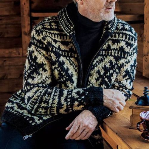 Men's jacquard knitting lapel long sleeve sweater